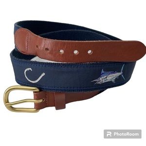 Leather Man Ltd. Fish & Hook navy blue‎ ribbon & leather belt. Size 42.  EUC